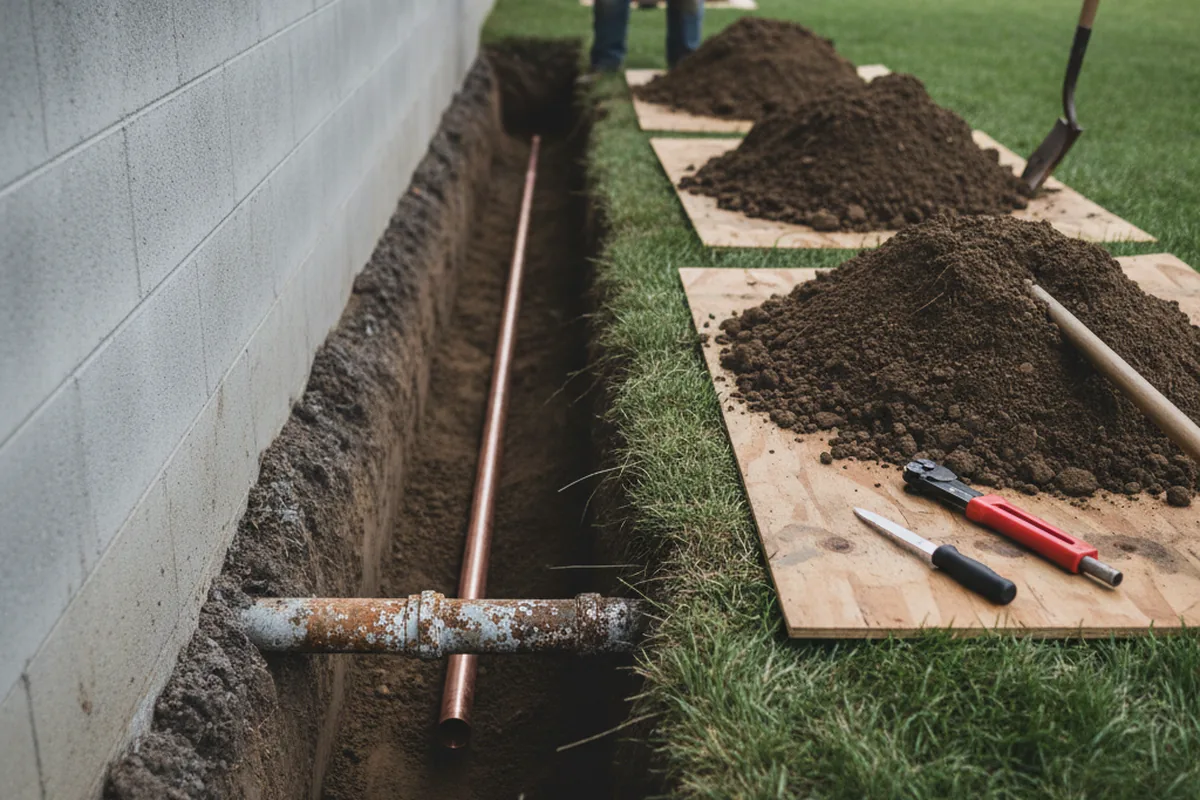 Excavated water line trench during Water Softener Installation in Gilberts